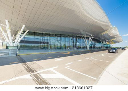 ZAGREB AIRPORT - 24 APRIL 2017: Exterior of arrivals terminal.