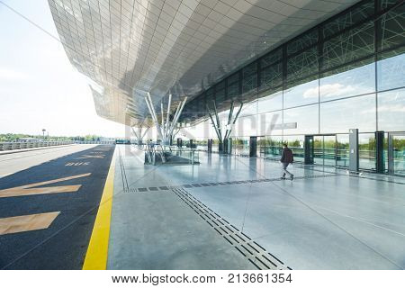 ZAGREB AIRPORT - 24 APRIL 2017: Exterior of arrivals terminal.