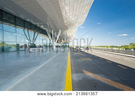 ZAGREB AIRPORT - 24 APRIL 2017: Exterior of arrivals terminal.