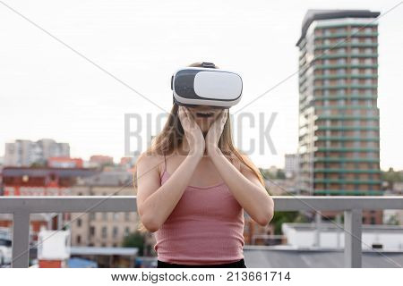 Amazed Young Beautiful Girl Using New Vr Technology