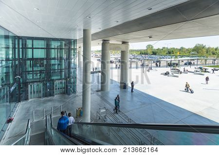 ZAGREB AIRPORT - 24 APRIL 2017: Passengers on escalators at Franjo Tudjman airport