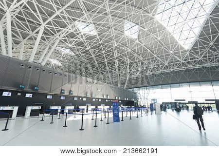 ZAGREB AIRPORT - 24 APRIL 2017: Check-in at departure terminal.