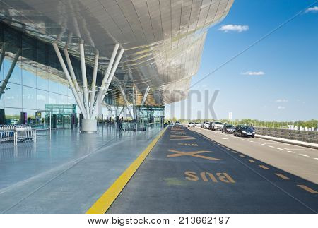 ZAGREB AIRPORT - 24 APRIL 2017: Exterior of arrivals terminal.