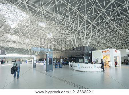 ZAGREB AIRPORT - 24 APRIL 2017: Food retail store and information desk at departures terminal.