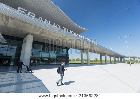 ZAGREB AIRPORT - 24 APRIL 2017: Front entrance with sign Franjo Tudman Airport.