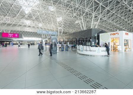 ZAGREB AIRPORT - 24 APRIL 2017: Food retail store and information desk at departures terminal.