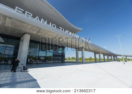 ZAGREB AIRPORT - 24 APRIL 2017: Front entrance with sign Franjo Tudman Airport.