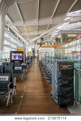 Heathrow Terminal 5 London UK - September 25 2017: Inside Terminal 5 charging your technology area. Quiet area for passengers to recharge their phones.