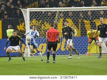 SOLNA SWEDEN - OCT 30 2017: Soccer player in the game AIK and IFK Gothenburg fighting in front of the goal the goal. October 30 2017SolnaSweden