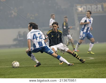SOLNA SWEDEN - OCT 30 2017: Soccer player Mikkel Diskerud (IFK Goteborg) dribble. October 30 2017SolnaSweden