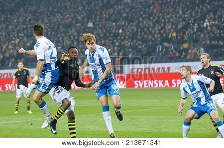 SOLNA SWEDEN - OCT 30 2017: Soccer player in the game AIK and IFK Gothenburg defending the goal after a corner. October 30 2017SolnaSweden