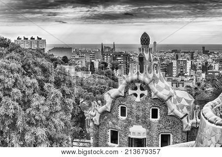 Scenic Aerial View From Park Guell In Barcelona, Catalonia, Spain