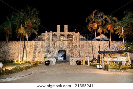 Entrance in Stone Fort San Pedro by night in Cebu city, Philippines.