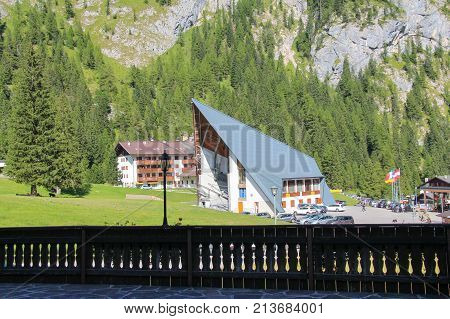 Italy Malga Ciapela - August 26 2016: the view of the cable car departure station in a sunny day on August 26 2016 in Malga Ciapela Veneto Italy.
