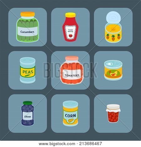Collection of various tins canned goods food metal container grocery store and product storage aluminum flat label conserve vector illustration. Meal steel cylinder nutrition.