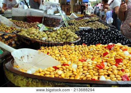 Valras-plage, Herault, France - Aug 25 2017: Large Range Of Olives For Sale At An Open Air Market In