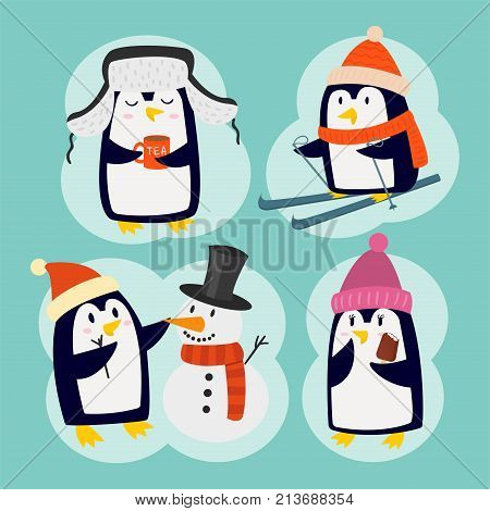 Penguin christmas vector illustration character. Cartoon funny cute animal isolated. Antarctica polar beak pole winter bird. Funny outdoors wild life south arctic.
