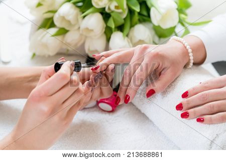 Close-up of the hands of a skilled manicurist applying elegant red nail polish, on the medium length nails of a young woman in a trendy beauty salon