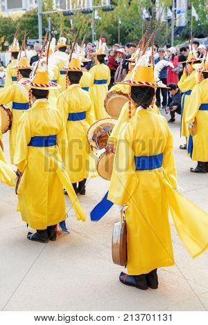 Performers In Korean Traditional Dress, Gwanghwamun Gate