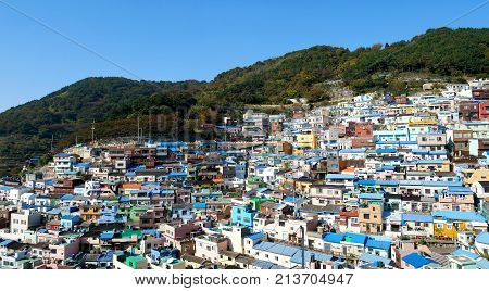 Gamcheon cultural village in Busan house on the mountain. The area is known for its brightly painted houses.
