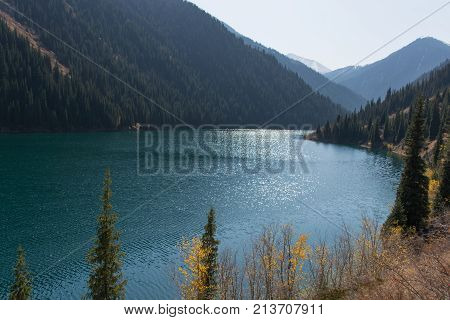 Beautiful view of high blue mountain lake