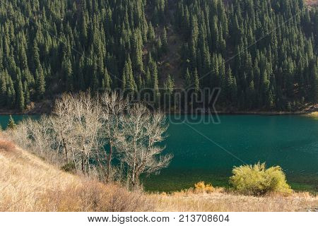 Beautiful view of high blue mountain lake