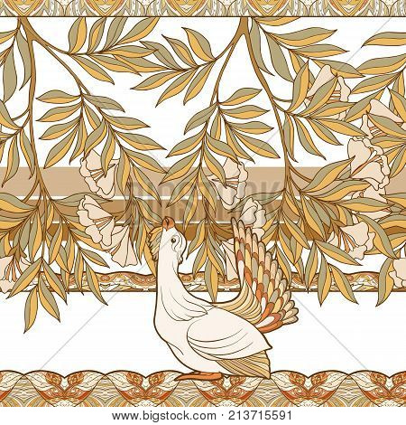 Seamless pattern, background with decorative flowers and bird in art nouveau style, vintage, old, retro style. Stock vector illustration.