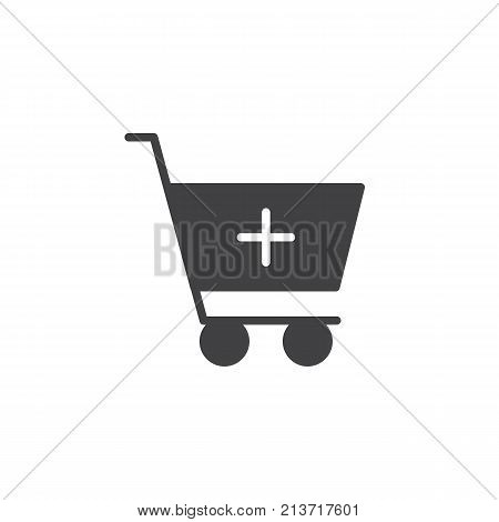 Add shopping cart icon vector, filled flat sign, solid pictogram isolated on white. Trolley with plus symbol, logo illustration.