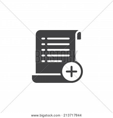 Create document icon vector, filled flat sign, solid pictogram isolated on white. Add list with plus symbol, logo illustration.
