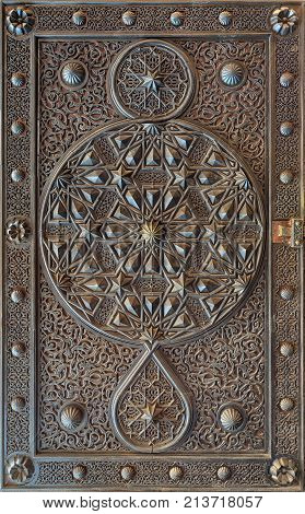 Ornaments of the bronze-plate ornate door of the mosque of The Manial Palace of Prince Mohammed Ali Tewfik Cairo Egypt