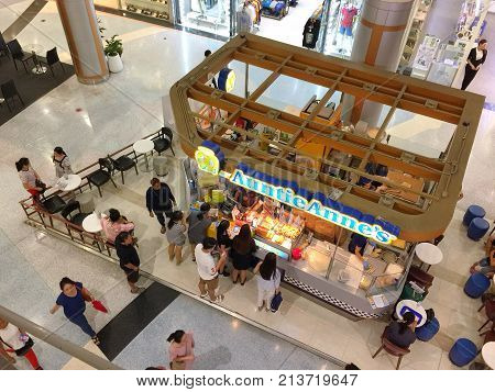 BANGKOK THAILAND 14 NOV 2017: Many people buying some food from Auntie Anne's shop in Central RAMA II Shopping Store