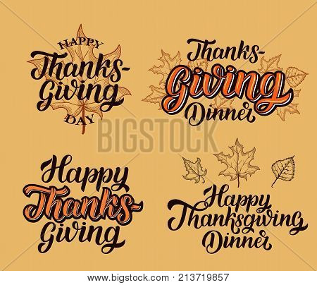 Set of compositon happy thanksgiving dinner, day brush hand lettering with sketched maple leaves, isolated on orange background. Calligraphy vector illustration for holiday type design
