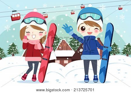 cartoon couple is snowboarding on the moutain