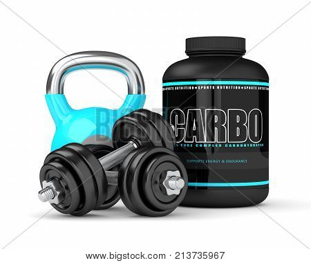 3D Render Of Carbo Powder Jar With Kettlebell And Dumbbells