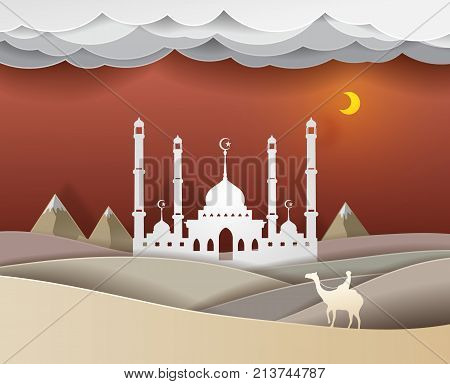 Man riding a camel in the desert at night Masjid background vector paper art cute illustration paper cut