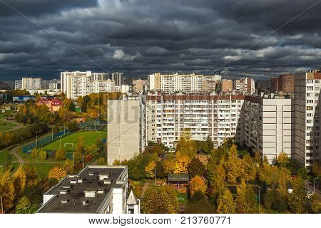 Moscow, Russia - October 10. 2017. 16 microdistrict of the city of Zelenograd in cloudy weather