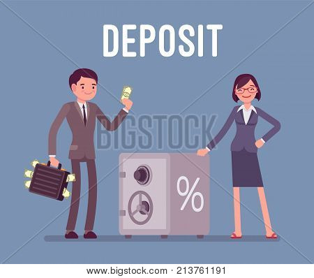 Deposit man and woman money investors standing near safe box. Individuals transferring into a banks savings or checking accounts to get profit. Vector flat style cartoon business concept illustration