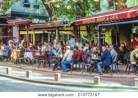 ISTANBUL TURKEY: Popular street cafe in Cihangir quarter Beyoglu district on October 6 2017