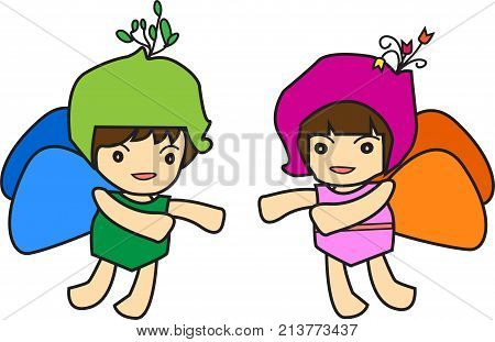 A boy in green and girl in pink ,Put on butterfly clothing with fly wings. -Vector illustration eps 10