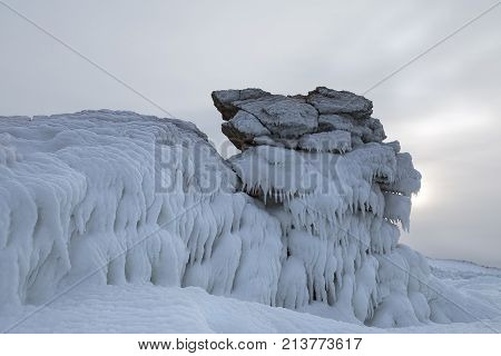 Ice dragon from frozen rock in fog, fantastic winter landscape, closeup