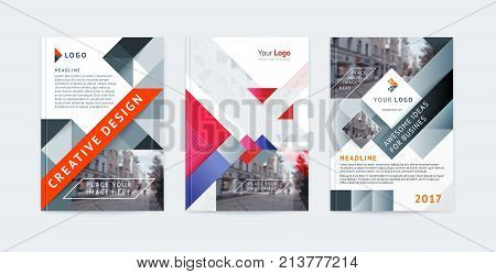 Vector set of templates booklet cover design, poster, magazine, brochures, flyers A4 with logo, place for photo and text. Geometric colorful shapes and textures triangles, squares, circles, waves.