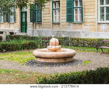 Sibiu Romania October 07 2017 : Decorative fountain in the Timotei Popovich street in Sibiu city in Romania
