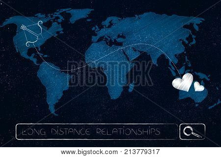 World Map With Lovehearts Connected To Cupid's Bow By Dashed Line Across Continents