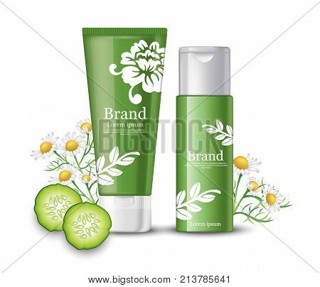 Cucumber and chamomile cosmetics mock up packaging. Brand label design Vector realistic illustration apple