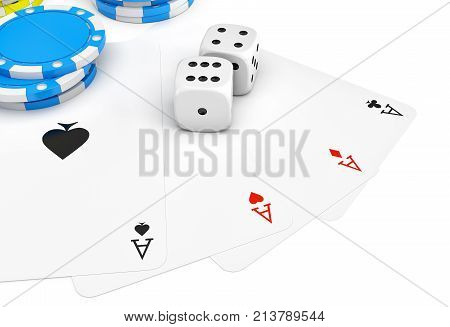 3d rendering of four different ace cards with casino chip stacks and white dice. Bets and stakes. Lose or win. Casino and luck.