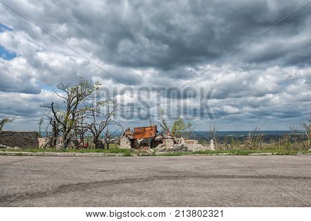 Monument to Soviet soldiers piled rubble destroyed after the hostilities of 2014. DNR Ukraine Saur-Tomb.