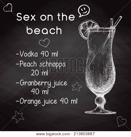 Simple recipe for an alcoholic cocktail Sex On The Beach. Drawing chalk on a blackboard. Vector illustration of a sketch style.