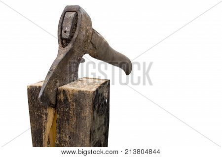 Isolated image of an old ax in a wooden chock