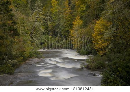 Autumn colors surrounding river in the Dupont State Forest in the Great Smoky Mountains of North Carolina, USA