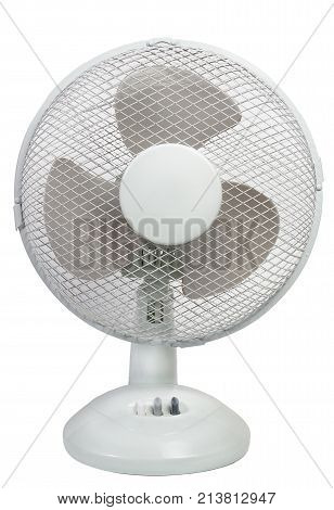 White table ventilator with spinning blades closeup